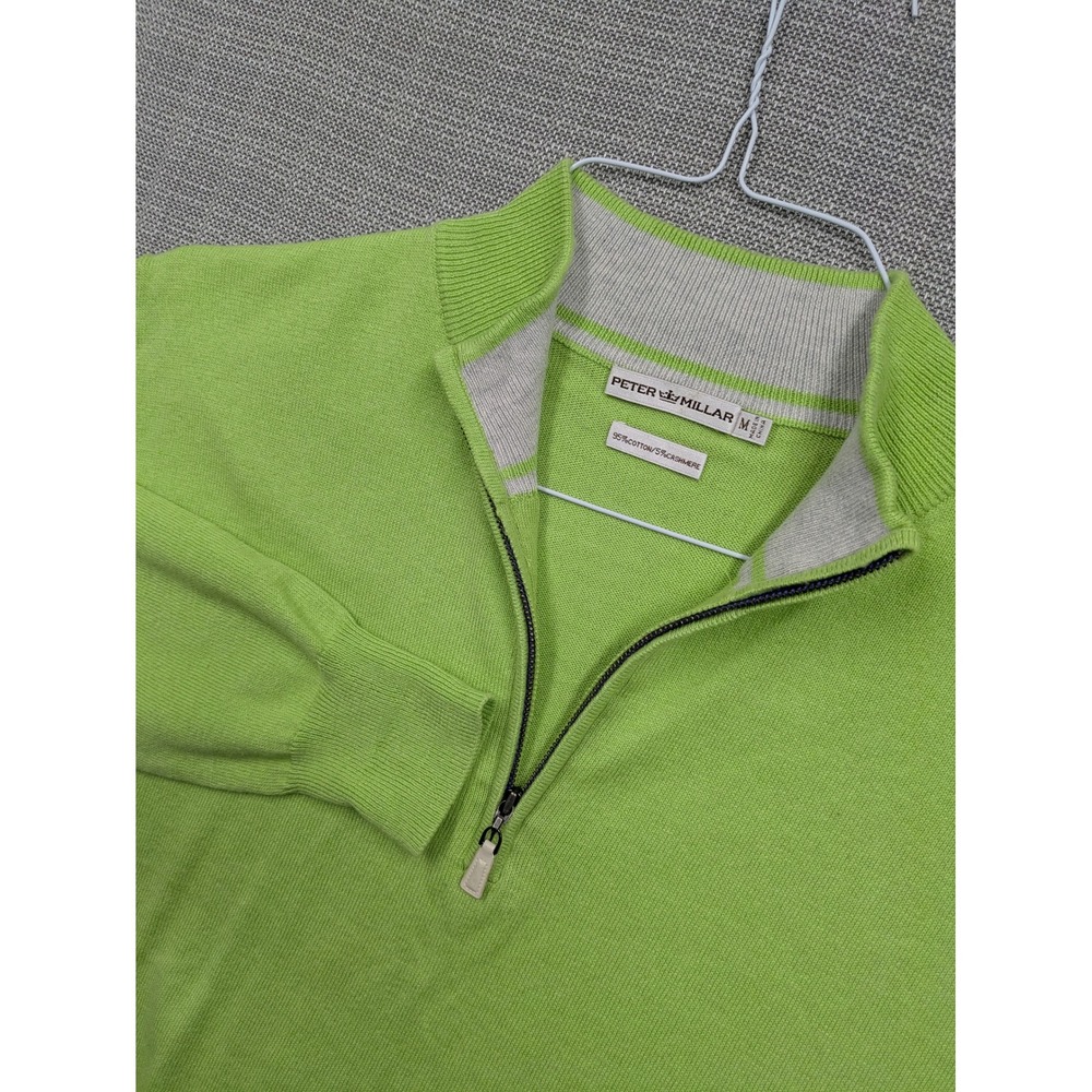 Peter Millar Mens Lime Green Cotton Cashmere Quarter Zip Sweater Size M 4505
